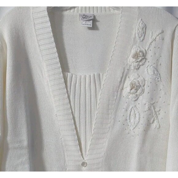 Adrian Delafield Sweater Size Large Beaded Knit Cream Faux Tank Pearl Buttons - Picture 2 of 9